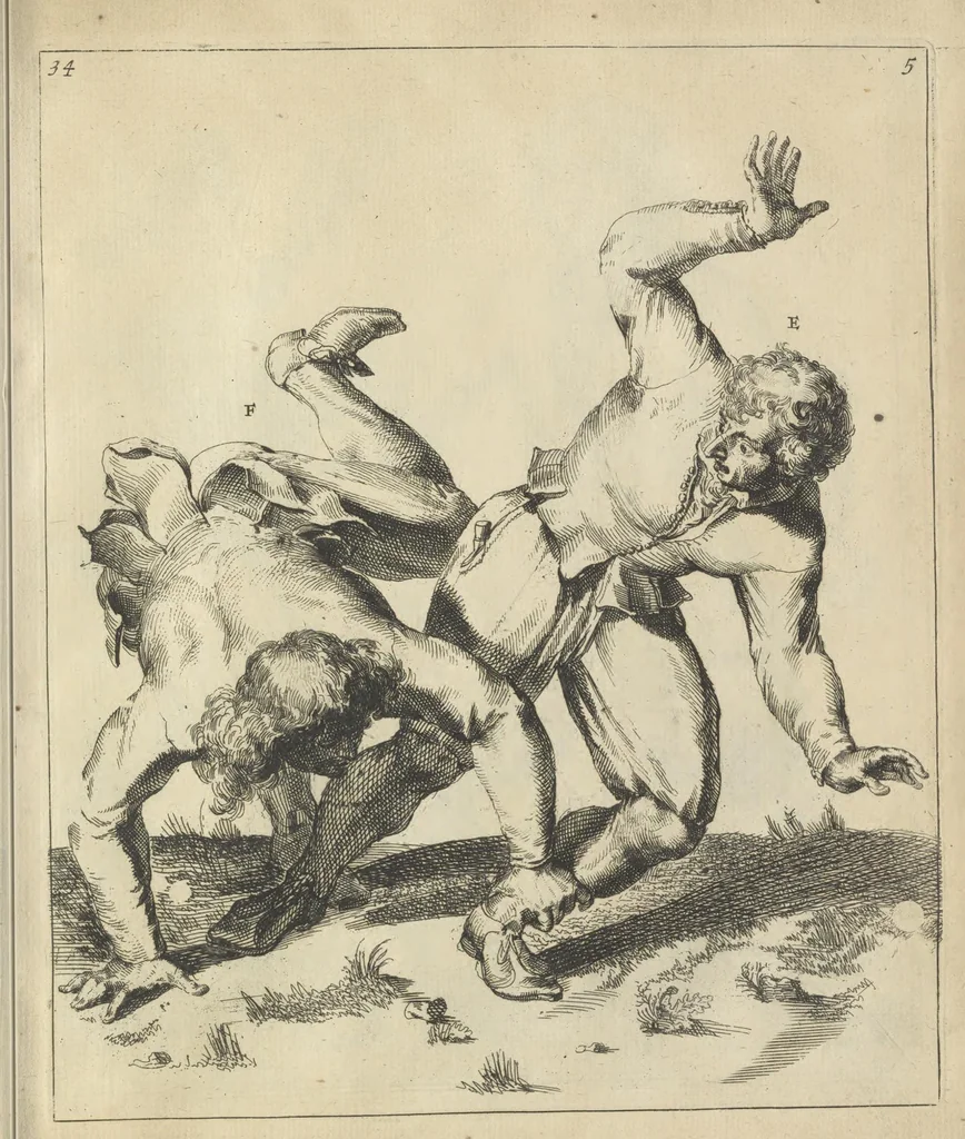An illustration from Der Künstliche Ringer : oder dess Weyland Wolgeübeten und Berühmten Ring-Meisters Niclaus Petters Kurtze, jedoch Klare Unterweisung und Anleitung zu der Fürtrefflichen Ringe-Kunst: Daraus zulehrnen, evie man sich bey allerhand vorfallenden Schlägereyen fürsichtig beschützen, alle unredliche Anfälle ... abkehren, und seinem bosshafften Ansprenger Kunstgeschicklich begegnen könne, 1674, leaf 100