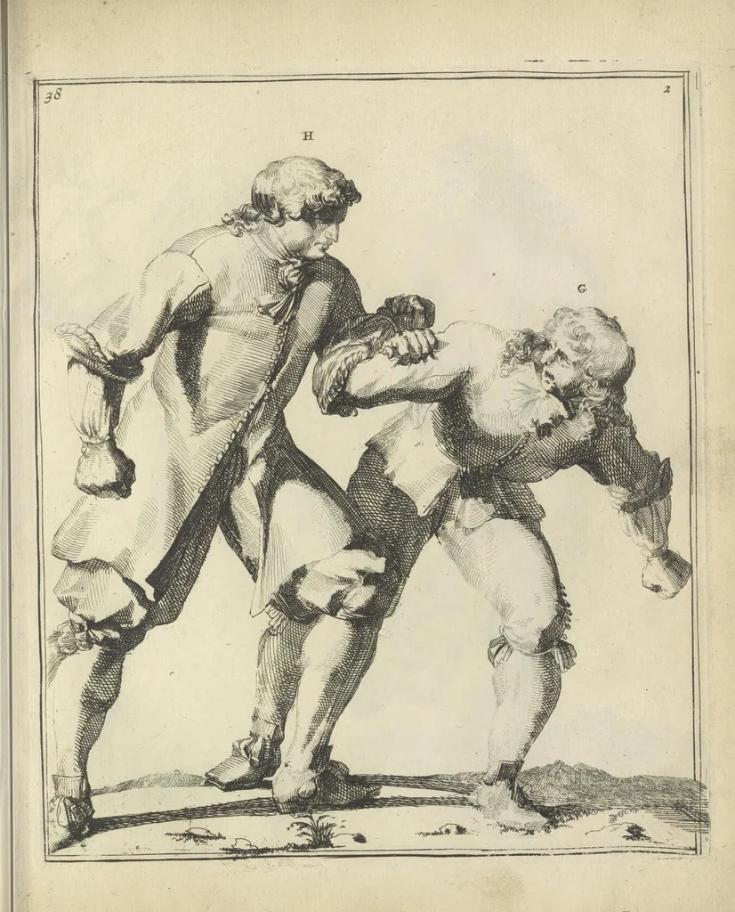 An illustration from Der Künstliche Ringer : oder dess Weyland Wolgeübeten und Berühmten Ring-Meisters Niclaus Petters Kurtze, jedoch Klare Unterweisung und Anleitung zu der Fürtrefflichen Ringe-Kunst: Daraus zulehrnen, evie man sich bey allerhand vorfallenden Schlägereyen fürsichtig beschützen, alle unredliche Anfälle ... abkehren, und seinem bosshafften Ansprenger Kunstgeschicklich begegnen könne, 1674, leaf 104