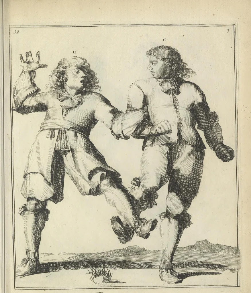An illustration from Der Künstliche Ringer : oder dess Weyland Wolgeübeten und Berühmten Ring-Meisters Niclaus Petters Kurtze, jedoch Klare Unterweisung und Anleitung zu der Fürtrefflichen Ringe-Kunst: Daraus zulehrnen, evie man sich bey allerhand vorfallenden Schlägereyen fürsichtig beschützen, alle unredliche Anfälle ... abkehren, und seinem bosshafften Ansprenger Kunstgeschicklich begegnen könne, 1674, leaf 106