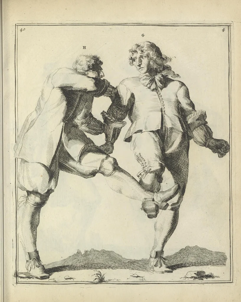An illustration from Der Künstliche Ringer : oder dess Weyland Wolgeübeten und Berühmten Ring-Meisters Niclaus Petters Kurtze, jedoch Klare Unterweisung und Anleitung zu der Fürtrefflichen Ringe-Kunst: Daraus zulehrnen, evie man sich bey allerhand vorfallenden Schlägereyen fürsichtig beschützen, alle unredliche Anfälle ... abkehren, und seinem bosshafften Ansprenger Kunstgeschicklich begegnen könne, 1674, leaf 108