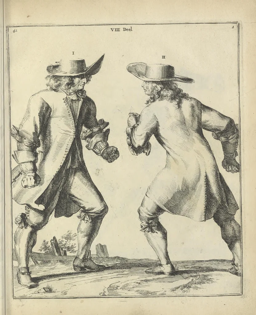 An illustration from Der Künstliche Ringer : oder dess Weyland Wolgeübeten und Berühmten Ring-Meisters Niclaus Petters Kurtze, jedoch Klare Unterweisung und Anleitung zu der Fürtrefflichen Ringe-Kunst: Daraus zulehrnen, evie man sich bey allerhand vorfallenden Schlägereyen fürsichtig beschützen, alle unredliche Anfälle ... abkehren, und seinem bosshafften Ansprenger Kunstgeschicklich begegnen könne, 1674, leaf 110
