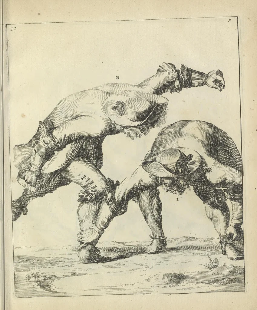 An illustration from Der Künstliche Ringer : oder dess Weyland Wolgeübeten und Berühmten Ring-Meisters Niclaus Petters Kurtze, jedoch Klare Unterweisung und Anleitung zu der Fürtrefflichen Ringe-Kunst: Daraus zulehrnen, evie man sich bey allerhand vorfallenden Schlägereyen fürsichtig beschützen, alle unredliche Anfälle ... abkehren, und seinem bosshafften Ansprenger Kunstgeschicklich begegnen könne, 1674, leaf 112