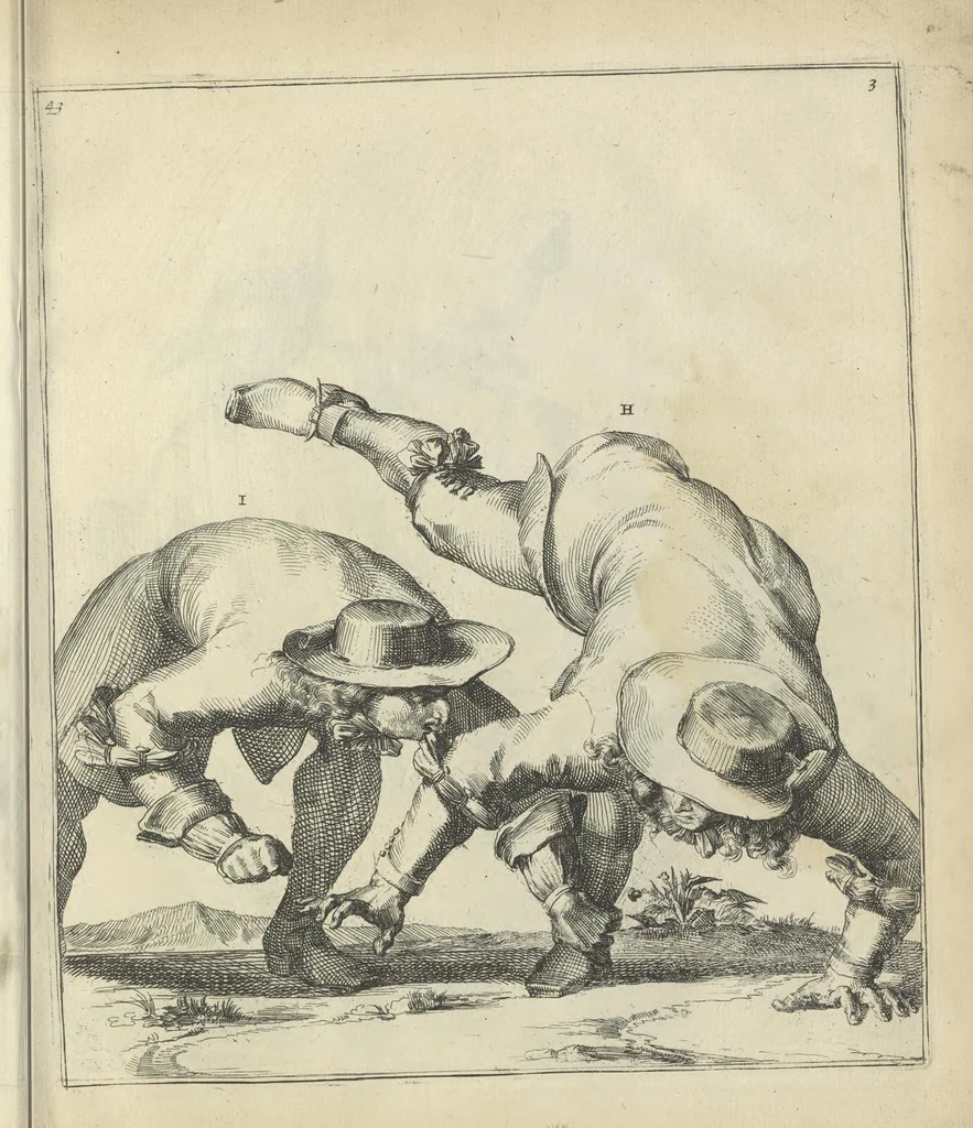 An illustration from Der Künstliche Ringer : oder dess Weyland Wolgeübeten und Berühmten Ring-Meisters Niclaus Petters Kurtze, jedoch Klare Unterweisung und Anleitung zu der Fürtrefflichen Ringe-Kunst: Daraus zulehrnen, evie man sich bey allerhand vorfallenden Schlägereyen fürsichtig beschützen, alle unredliche Anfälle ... abkehren, und seinem bosshafften Ansprenger Kunstgeschicklich begegnen könne, 1674, leaf 114