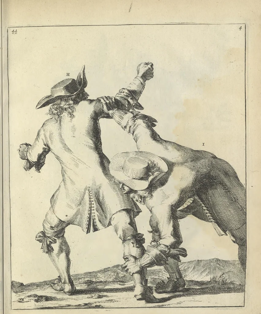 An illustration from Der Künstliche Ringer : oder dess Weyland Wolgeübeten und Berühmten Ring-Meisters Niclaus Petters Kurtze, jedoch Klare Unterweisung und Anleitung zu der Fürtrefflichen Ringe-Kunst: Daraus zulehrnen, evie man sich bey allerhand vorfallenden Schlägereyen fürsichtig beschützen, alle unredliche Anfälle ... abkehren, und seinem bosshafften Ansprenger Kunstgeschicklich begegnen könne, 1674, leaf 116