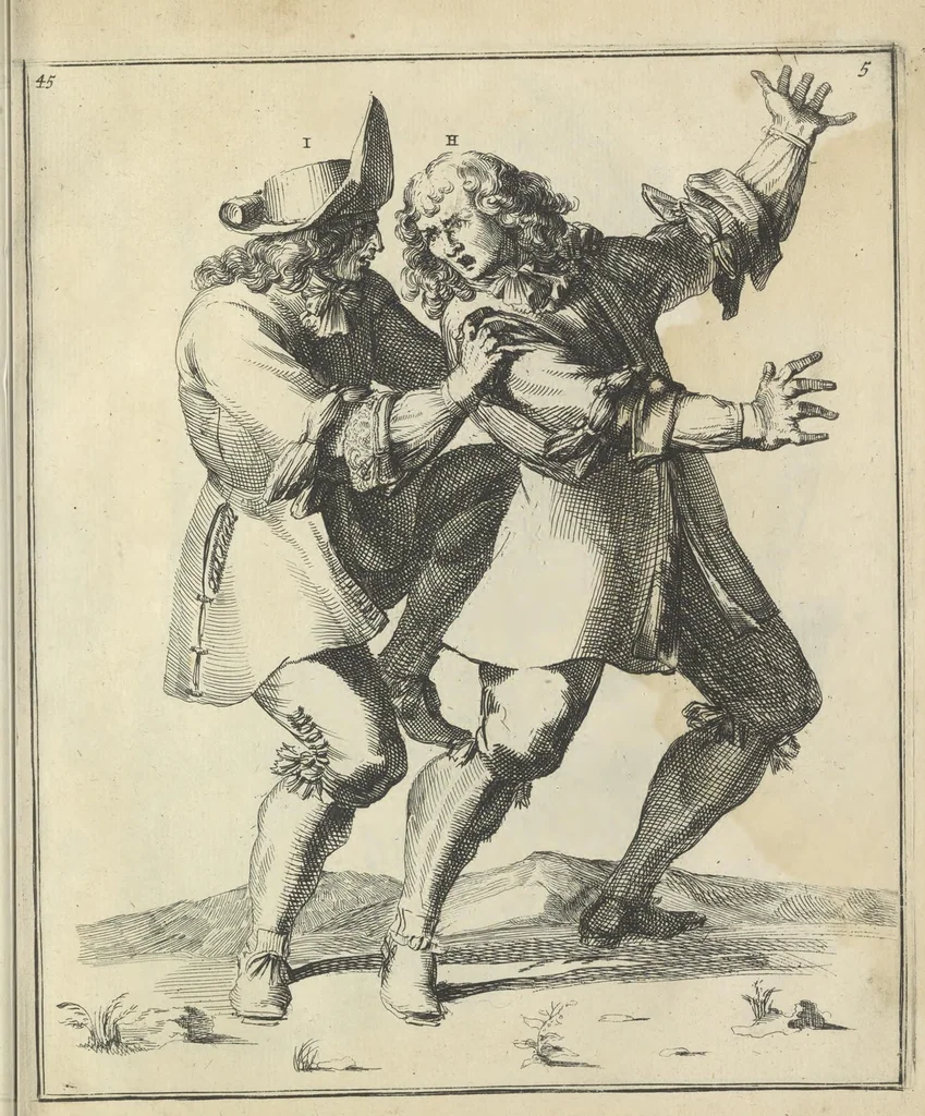 An illustration from Der Künstliche Ringer : oder dess Weyland Wolgeübeten und Berühmten Ring-Meisters Niclaus Petters Kurtze, jedoch Klare Unterweisung und Anleitung zu der Fürtrefflichen Ringe-Kunst: Daraus zulehrnen, evie man sich bey allerhand vorfallenden Schlägereyen fürsichtig beschützen, alle unredliche Anfälle ... abkehren, und seinem bosshafften Ansprenger Kunstgeschicklich begegnen könne, 1674, leaf 118