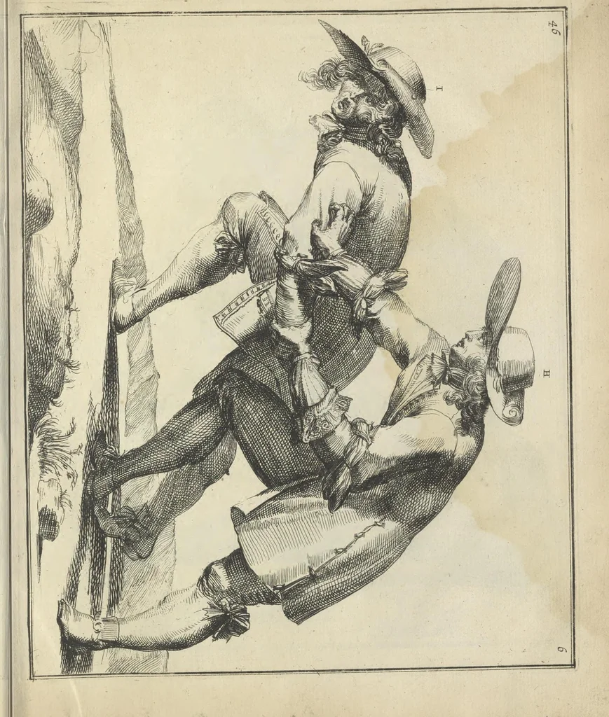 An illustration from Der Künstliche Ringer : oder dess Weyland Wolgeübeten und Berühmten Ring-Meisters Niclaus Petters Kurtze, jedoch Klare Unterweisung und Anleitung zu der Fürtrefflichen Ringe-Kunst: Daraus zulehrnen, evie man sich bey allerhand vorfallenden Schlägereyen fürsichtig beschützen, alle unredliche Anfälle ... abkehren, und seinem bosshafften Ansprenger Kunstgeschicklich begegnen könne, 1674, leaf 120