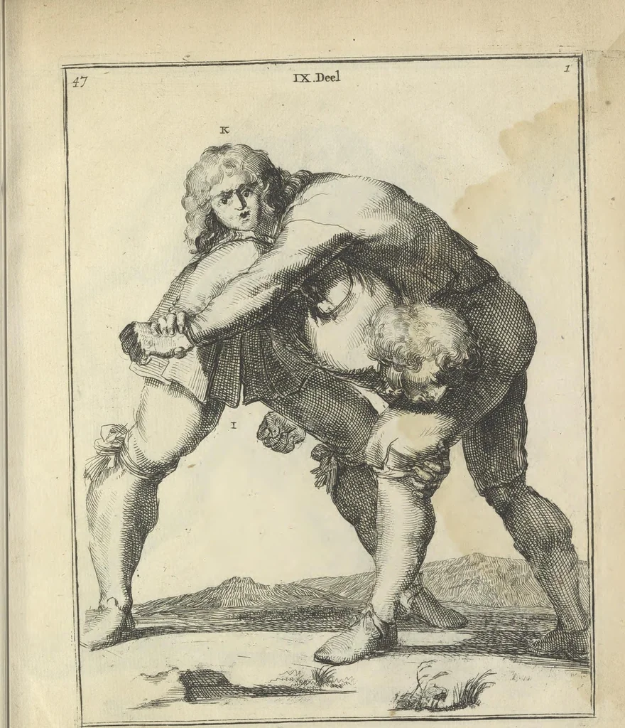 An illustration from Der Künstliche Ringer : oder dess Weyland Wolgeübeten und Berühmten Ring-Meisters Niclaus Petters Kurtze, jedoch Klare Unterweisung und Anleitung zu der Fürtrefflichen Ringe-Kunst: Daraus zulehrnen, evie man sich bey allerhand vorfallenden Schlägereyen fürsichtig beschützen, alle unredliche Anfälle ... abkehren, und seinem bosshafften Ansprenger Kunstgeschicklich begegnen könne, 1674, leaf 122