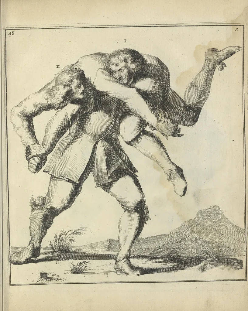 An illustration from Der Künstliche Ringer : oder dess Weyland Wolgeübeten und Berühmten Ring-Meisters Niclaus Petters Kurtze, jedoch Klare Unterweisung und Anleitung zu der Fürtrefflichen Ringe-Kunst: Daraus zulehrnen, evie man sich bey allerhand vorfallenden Schlägereyen fürsichtig beschützen, alle unredliche Anfälle ... abkehren, und seinem bosshafften Ansprenger Kunstgeschicklich begegnen könne, 1674, leaf 124