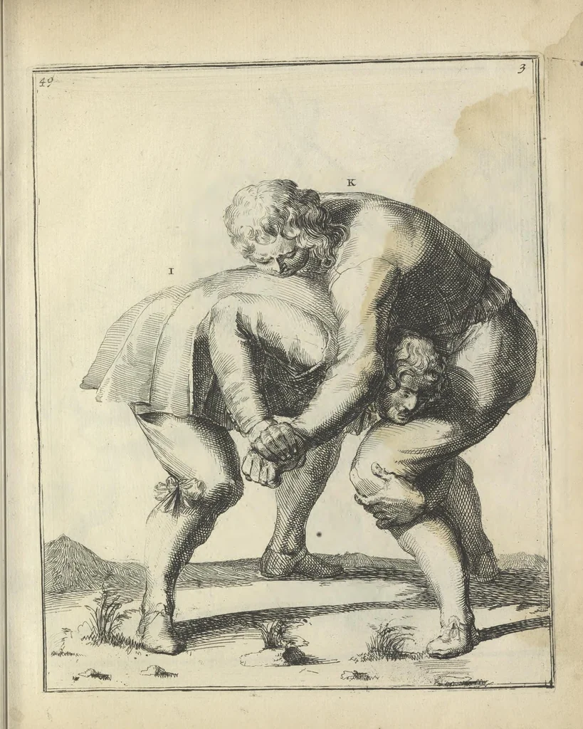 An illustration from Der Künstliche Ringer : oder dess Weyland Wolgeübeten und Berühmten Ring-Meisters Niclaus Petters Kurtze, jedoch Klare Unterweisung und Anleitung zu der Fürtrefflichen Ringe-Kunst: Daraus zulehrnen, evie man sich bey allerhand vorfallenden Schlägereyen fürsichtig beschützen, alle unredliche Anfälle ... abkehren, und seinem bosshafften Ansprenger Kunstgeschicklich begegnen könne, 1674, leaf 126