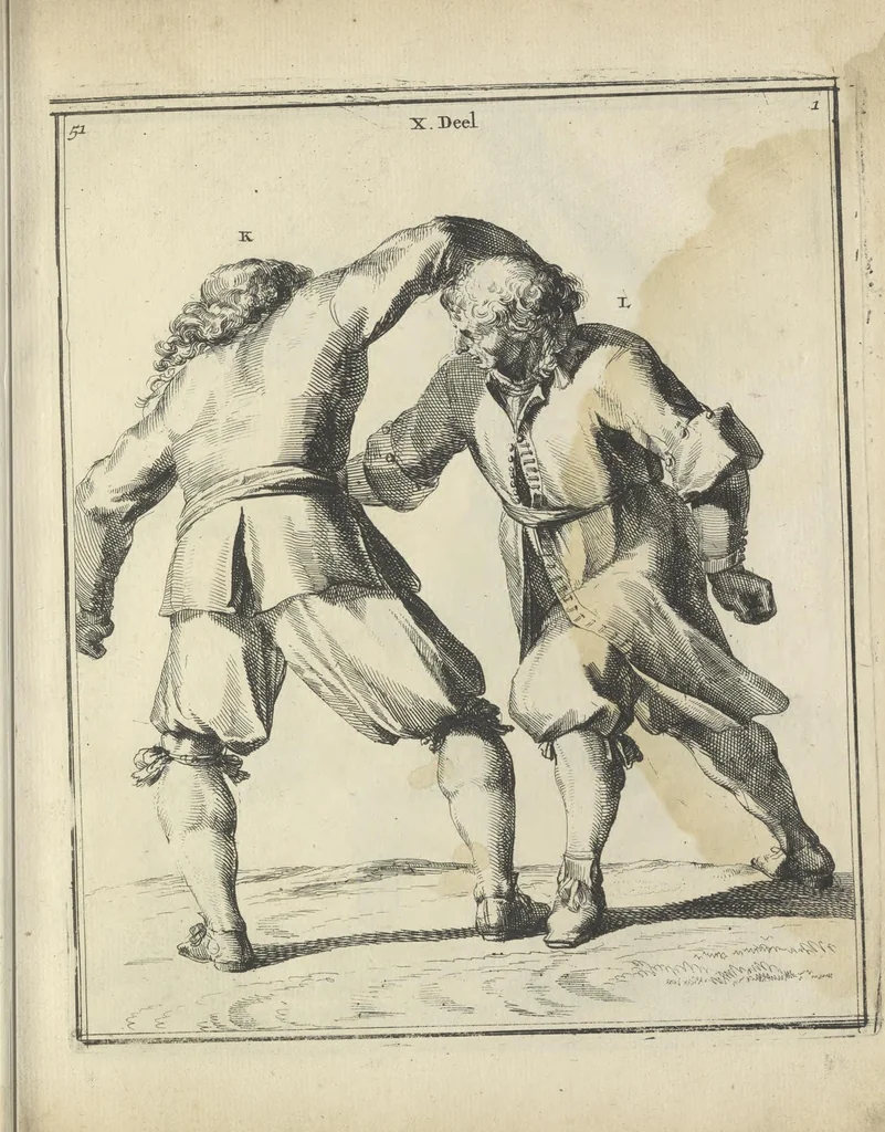 An illustration from Der Künstliche Ringer : oder dess Weyland Wolgeübeten und Berühmten Ring-Meisters Niclaus Petters Kurtze, jedoch Klare Unterweisung und Anleitung zu der Fürtrefflichen Ringe-Kunst: Daraus zulehrnen, evie man sich bey allerhand vorfallenden Schlägereyen fürsichtig beschützen, alle unredliche Anfälle ... abkehren, und seinem bosshafften Ansprenger Kunstgeschicklich begegnen könne, 1674, leaf 130