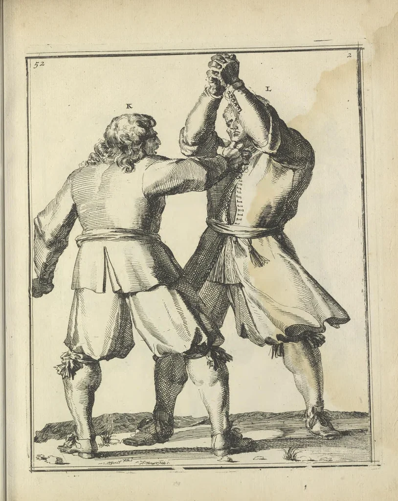 An illustration from Der Künstliche Ringer : oder dess Weyland Wolgeübeten und Berühmten Ring-Meisters Niclaus Petters Kurtze, jedoch Klare Unterweisung und Anleitung zu der Fürtrefflichen Ringe-Kunst: Daraus zulehrnen, evie man sich bey allerhand vorfallenden Schlägereyen fürsichtig beschützen, alle unredliche Anfälle ... abkehren, und seinem bosshafften Ansprenger Kunstgeschicklich begegnen könne, 1674, leaf 132