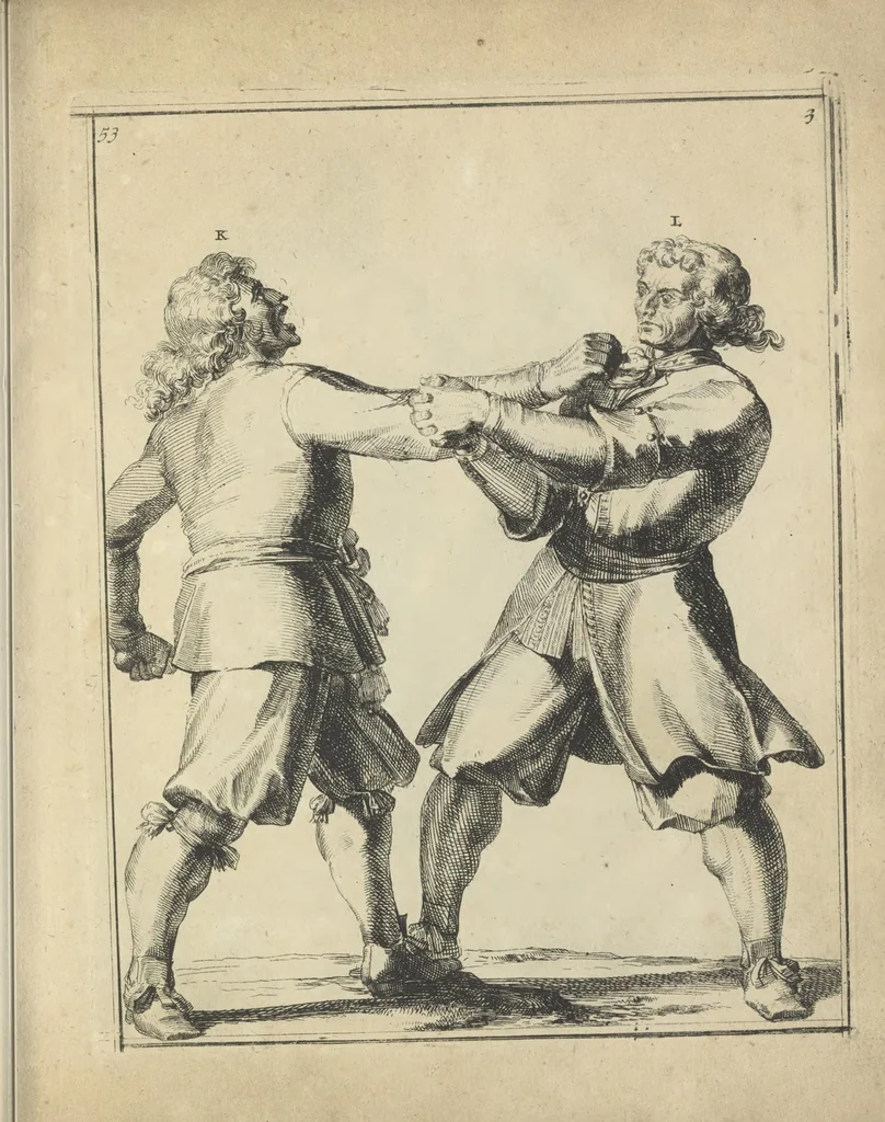 An illustration from Der Künstliche Ringer : oder dess Weyland Wolgeübeten und Berühmten Ring-Meisters Niclaus Petters Kurtze, jedoch Klare Unterweisung und Anleitung zu der Fürtrefflichen Ringe-Kunst: Daraus zulehrnen, evie man sich bey allerhand vorfallenden Schlägereyen fürsichtig beschützen, alle unredliche Anfälle ... abkehren, und seinem bosshafften Ansprenger Kunstgeschicklich begegnen könne, 1674, leaf 134