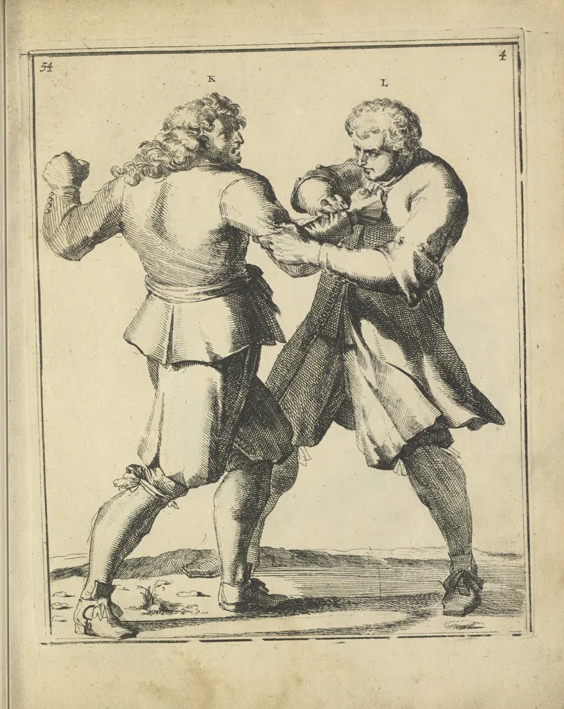 An illustration from Der Künstliche Ringer : oder dess Weyland Wolgeübeten und Berühmten Ring-Meisters Niclaus Petters Kurtze, jedoch Klare Unterweisung und Anleitung zu der Fürtrefflichen Ringe-Kunst: Daraus zulehrnen, evie man sich bey allerhand vorfallenden Schlägereyen fürsichtig beschützen, alle unredliche Anfälle ... abkehren, und seinem bosshafften Ansprenger Kunstgeschicklich begegnen könne, 1674, leaf 136