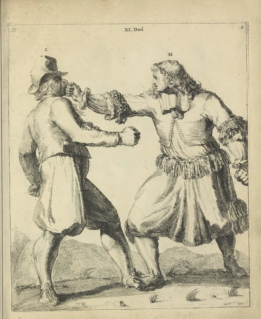 An illustration from Der Künstliche Ringer : oder dess Weyland Wolgeübeten und Berühmten Ring-Meisters Niclaus Petters Kurtze, jedoch Klare Unterweisung und Anleitung zu der Fürtrefflichen Ringe-Kunst: Daraus zulehrnen, evie man sich bey allerhand vorfallenden Schlägereyen fürsichtig beschützen, alle unredliche Anfälle ... abkehren, und seinem bosshafften Ansprenger Kunstgeschicklich begegnen könne, 1674, leaf 138