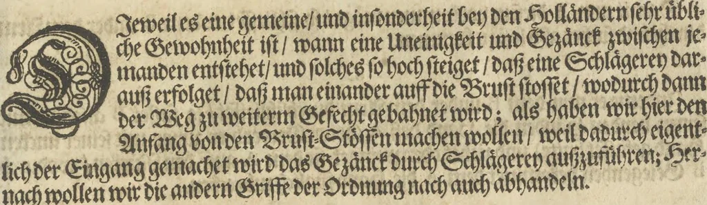 An illustration from Der Künstliche Ringer : oder dess Weyland Wolgeübeten und Berühmten Ring-Meisters Niclaus Petters Kurtze, jedoch Klare Unterweisung und Anleitung zu der Fürtrefflichen Ringe-Kunst: Daraus zulehrnen, evie man sich bey allerhand vorfallenden Schlägereyen fürsichtig beschützen, alle unredliche Anfälle ... abkehren, und seinem bosshafften Ansprenger Kunstgeschicklich begegnen könne, 1674, leaf 14