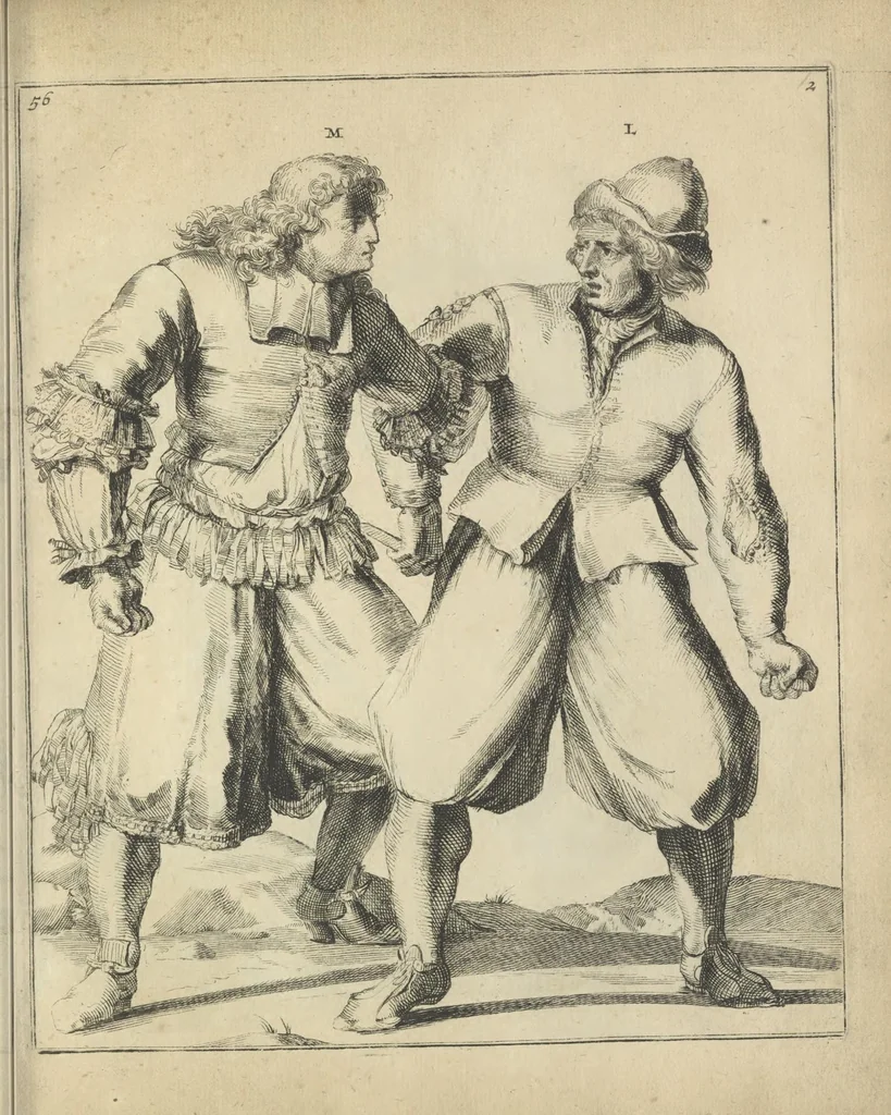 An illustration from Der Künstliche Ringer : oder dess Weyland Wolgeübeten und Berühmten Ring-Meisters Niclaus Petters Kurtze, jedoch Klare Unterweisung und Anleitung zu der Fürtrefflichen Ringe-Kunst: Daraus zulehrnen, evie man sich bey allerhand vorfallenden Schlägereyen fürsichtig beschützen, alle unredliche Anfälle ... abkehren, und seinem bosshafften Ansprenger Kunstgeschicklich begegnen könne, 1674, leaf 140