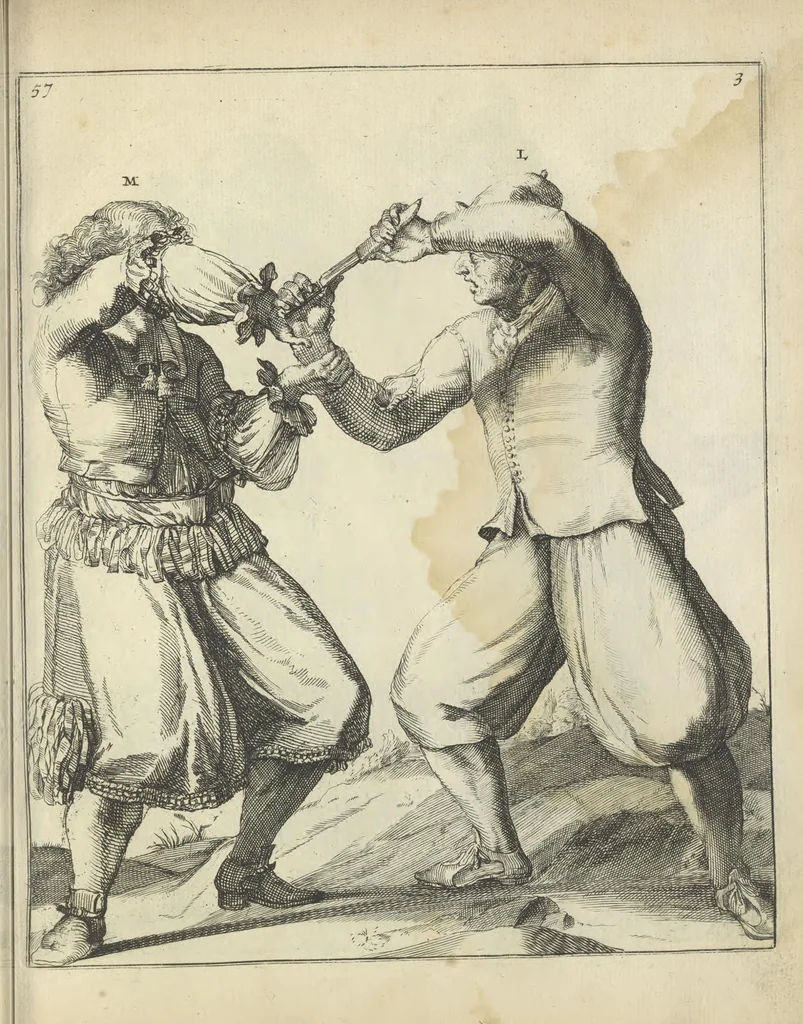 An illustration from Der Künstliche Ringer : oder dess Weyland Wolgeübeten und Berühmten Ring-Meisters Niclaus Petters Kurtze, jedoch Klare Unterweisung und Anleitung zu der Fürtrefflichen Ringe-Kunst: Daraus zulehrnen, evie man sich bey allerhand vorfallenden Schlägereyen fürsichtig beschützen, alle unredliche Anfälle ... abkehren, und seinem bosshafften Ansprenger Kunstgeschicklich begegnen könne, 1674, leaf 142