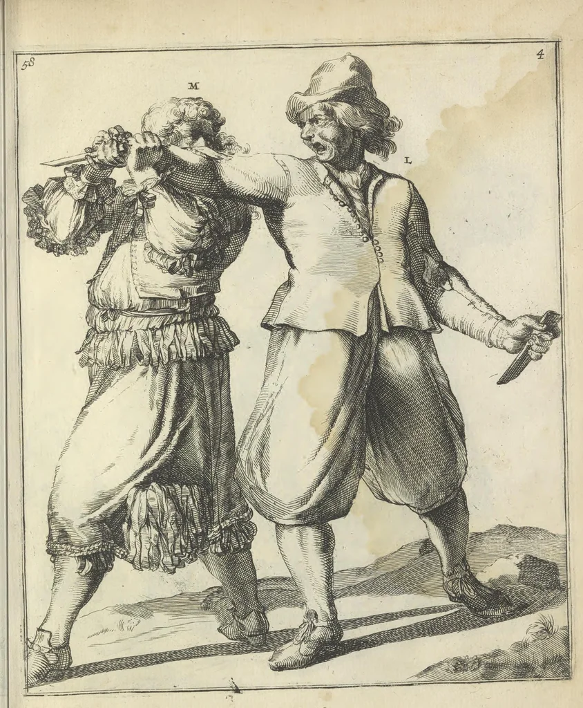 An illustration from Der Künstliche Ringer : oder dess Weyland Wolgeübeten und Berühmten Ring-Meisters Niclaus Petters Kurtze, jedoch Klare Unterweisung und Anleitung zu der Fürtrefflichen Ringe-Kunst: Daraus zulehrnen, evie man sich bey allerhand vorfallenden Schlägereyen fürsichtig beschützen, alle unredliche Anfälle ... abkehren, und seinem bosshafften Ansprenger Kunstgeschicklich begegnen könne, 1674, leaf 144