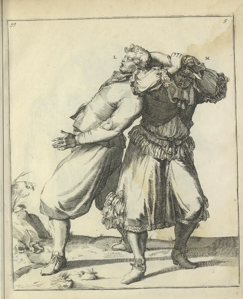 An illustration from Der Künstliche Ringer : oder dess Weyland Wolgeübeten und Berühmten Ring-Meisters Niclaus Petters Kurtze, jedoch Klare Unterweisung und Anleitung zu der Fürtrefflichen Ringe-Kunst: Daraus zulehrnen, evie man sich bey allerhand vorfallenden Schlägereyen fürsichtig beschützen, alle unredliche Anfälle ... abkehren, und seinem bosshafften Ansprenger Kunstgeschicklich begegnen könne, 1674, leaf 146