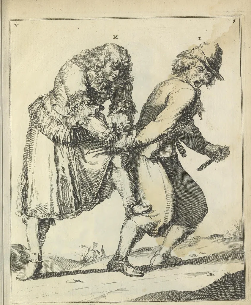 An illustration from Der Künstliche Ringer : oder dess Weyland Wolgeübeten und Berühmten Ring-Meisters Niclaus Petters Kurtze, jedoch Klare Unterweisung und Anleitung zu der Fürtrefflichen Ringe-Kunst: Daraus zulehrnen, evie man sich bey allerhand vorfallenden Schlägereyen fürsichtig beschützen, alle unredliche Anfälle ... abkehren, und seinem bosshafften Ansprenger Kunstgeschicklich begegnen könne, 1674, leaf 148