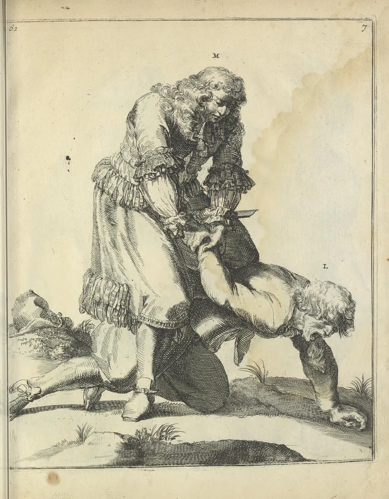 An illustration from Der Künstliche Ringer : oder dess Weyland Wolgeübeten und Berühmten Ring-Meisters Niclaus Petters Kurtze, jedoch Klare Unterweisung und Anleitung zu der Fürtrefflichen Ringe-Kunst: Daraus zulehrnen, evie man sich bey allerhand vorfallenden Schlägereyen fürsichtig beschützen, alle unredliche Anfälle ... abkehren, und seinem bosshafften Ansprenger Kunstgeschicklich begegnen könne, 1674, leaf 150