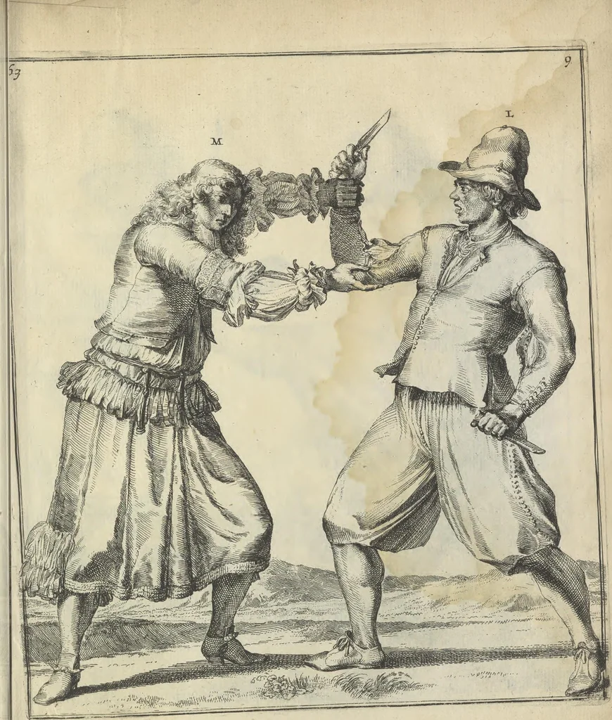 An illustration from Der Künstliche Ringer : oder dess Weyland Wolgeübeten und Berühmten Ring-Meisters Niclaus Petters Kurtze, jedoch Klare Unterweisung und Anleitung zu der Fürtrefflichen Ringe-Kunst: Daraus zulehrnen, evie man sich bey allerhand vorfallenden Schlägereyen fürsichtig beschützen, alle unredliche Anfälle ... abkehren, und seinem bosshafften Ansprenger Kunstgeschicklich begegnen könne, 1674, leaf 154