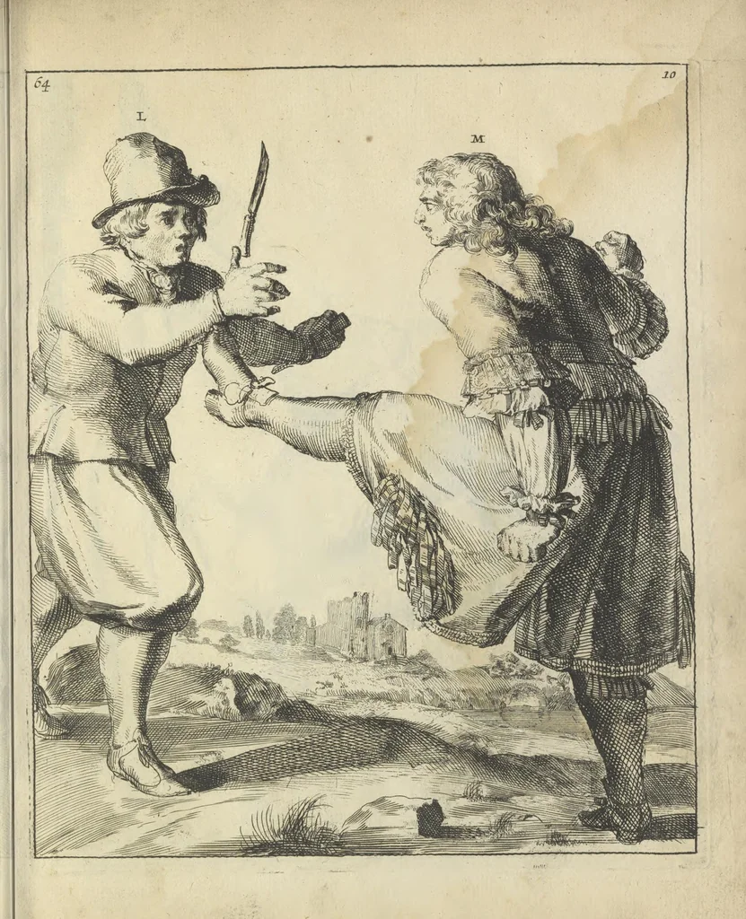 An illustration from Der Künstliche Ringer : oder dess Weyland Wolgeübeten und Berühmten Ring-Meisters Niclaus Petters Kurtze, jedoch Klare Unterweisung und Anleitung zu der Fürtrefflichen Ringe-Kunst: Daraus zulehrnen, evie man sich bey allerhand vorfallenden Schlägereyen fürsichtig beschützen, alle unredliche Anfälle ... abkehren, und seinem bosshafften Ansprenger Kunstgeschicklich begegnen könne, 1674, leaf 156