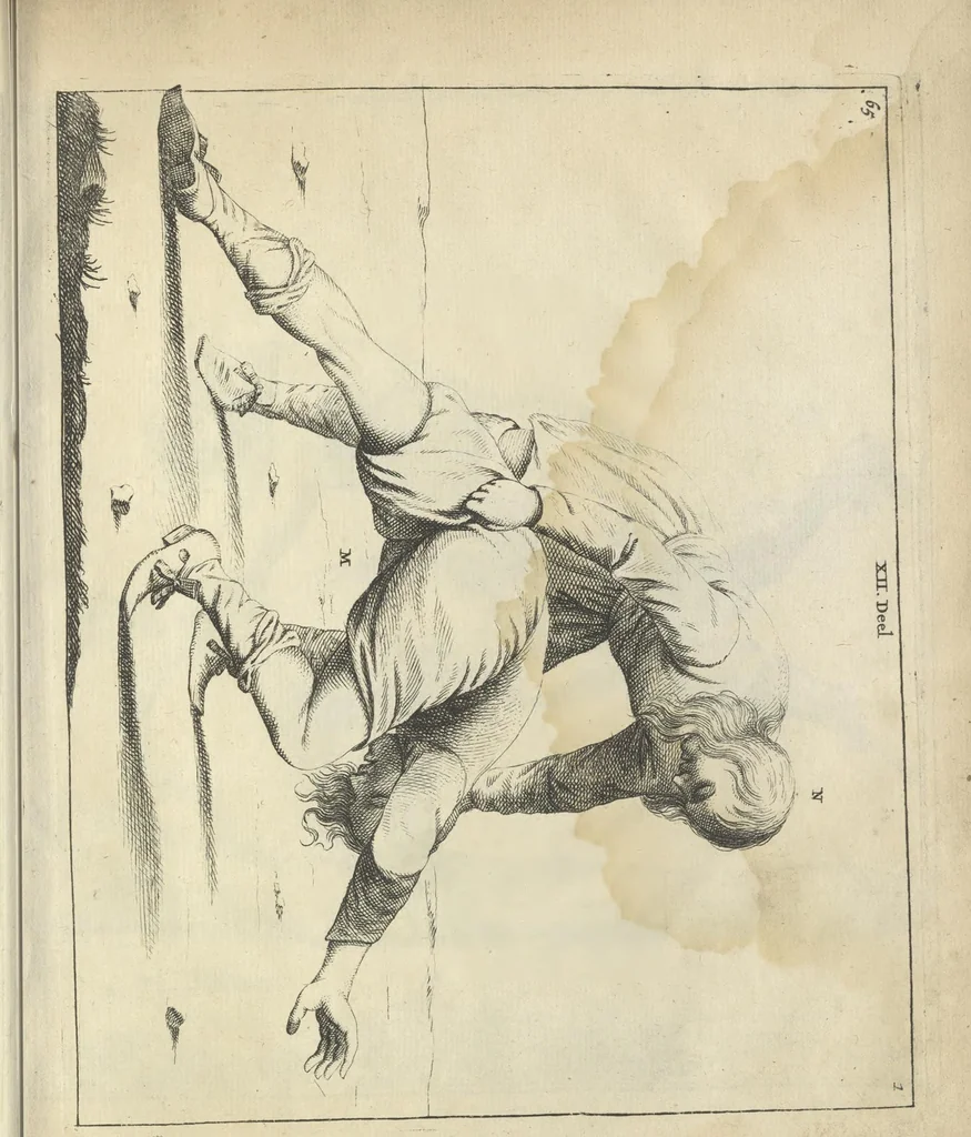 An illustration from Der Künstliche Ringer : oder dess Weyland Wolgeübeten und Berühmten Ring-Meisters Niclaus Petters Kurtze, jedoch Klare Unterweisung und Anleitung zu der Fürtrefflichen Ringe-Kunst: Daraus zulehrnen, evie man sich bey allerhand vorfallenden Schlägereyen fürsichtig beschützen, alle unredliche Anfälle ... abkehren, und seinem bosshafften Ansprenger Kunstgeschicklich begegnen könne, 1674, leaf 158