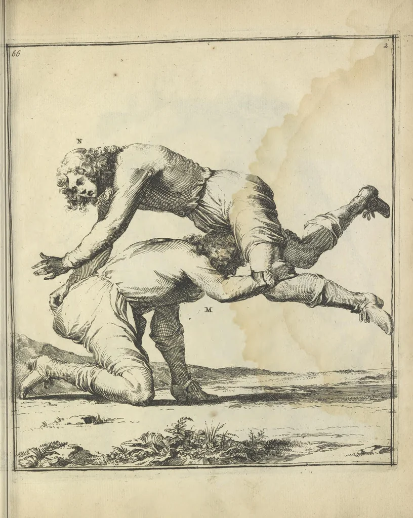 An illustration from Der Künstliche Ringer : oder dess Weyland Wolgeübeten und Berühmten Ring-Meisters Niclaus Petters Kurtze, jedoch Klare Unterweisung und Anleitung zu der Fürtrefflichen Ringe-Kunst: Daraus zulehrnen, evie man sich bey allerhand vorfallenden Schlägereyen fürsichtig beschützen, alle unredliche Anfälle ... abkehren, und seinem bosshafften Ansprenger Kunstgeschicklich begegnen könne, 1674, leaf 160