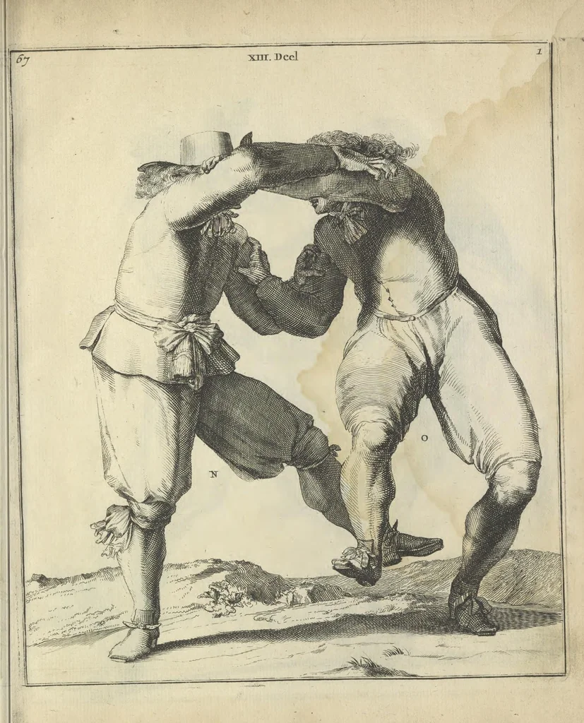 An illustration from Der Künstliche Ringer : oder dess Weyland Wolgeübeten und Berühmten Ring-Meisters Niclaus Petters Kurtze, jedoch Klare Unterweisung und Anleitung zu der Fürtrefflichen Ringe-Kunst: Daraus zulehrnen, evie man sich bey allerhand vorfallenden Schlägereyen fürsichtig beschützen, alle unredliche Anfälle ... abkehren, und seinem bosshafften Ansprenger Kunstgeschicklich begegnen könne, 1674, leaf 162