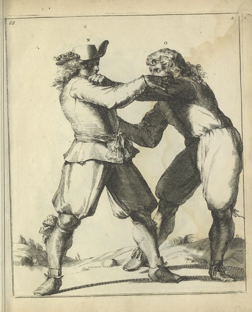An illustration from Der Künstliche Ringer : oder dess Weyland Wolgeübeten und Berühmten Ring-Meisters Niclaus Petters Kurtze, jedoch Klare Unterweisung und Anleitung zu der Fürtrefflichen Ringe-Kunst: Daraus zulehrnen, evie man sich bey allerhand vorfallenden Schlägereyen fürsichtig beschützen, alle unredliche Anfälle ... abkehren, und seinem bosshafften Ansprenger Kunstgeschicklich begegnen könne, 1674, leaf 164