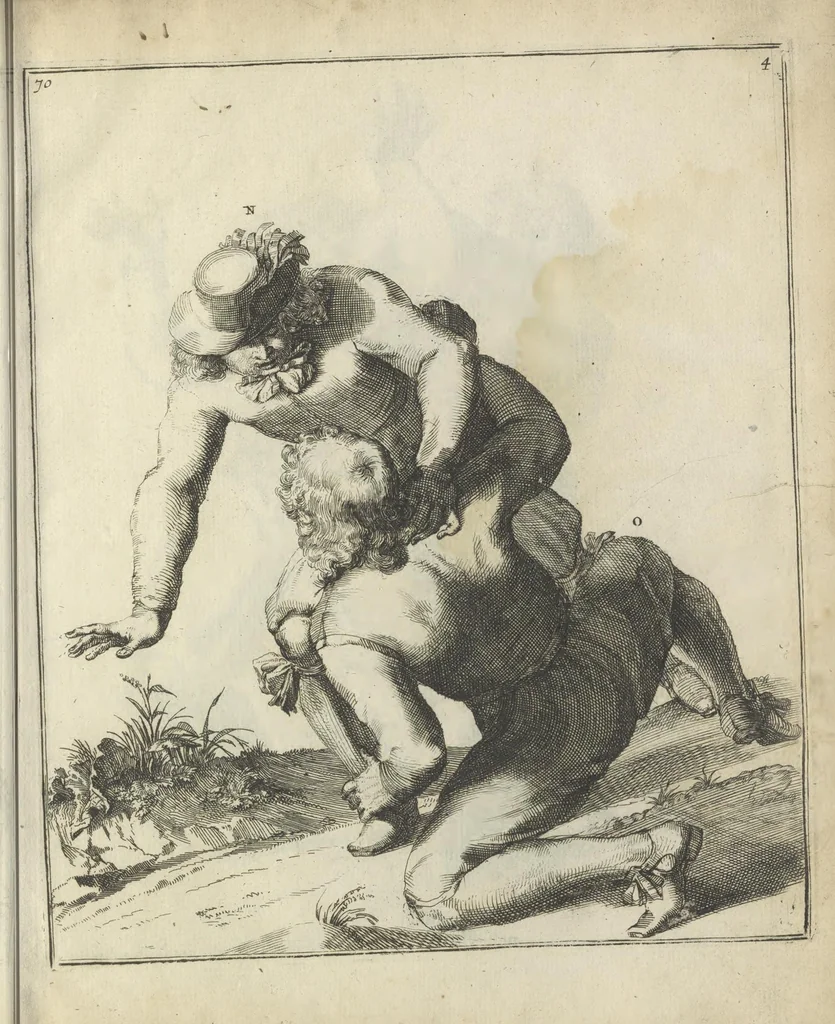 An illustration from Der Künstliche Ringer : oder dess Weyland Wolgeübeten und Berühmten Ring-Meisters Niclaus Petters Kurtze, jedoch Klare Unterweisung und Anleitung zu der Fürtrefflichen Ringe-Kunst: Daraus zulehrnen, evie man sich bey allerhand vorfallenden Schlägereyen fürsichtig beschützen, alle unredliche Anfälle ... abkehren, und seinem bosshafften Ansprenger Kunstgeschicklich begegnen könne, 1674, leaf 168