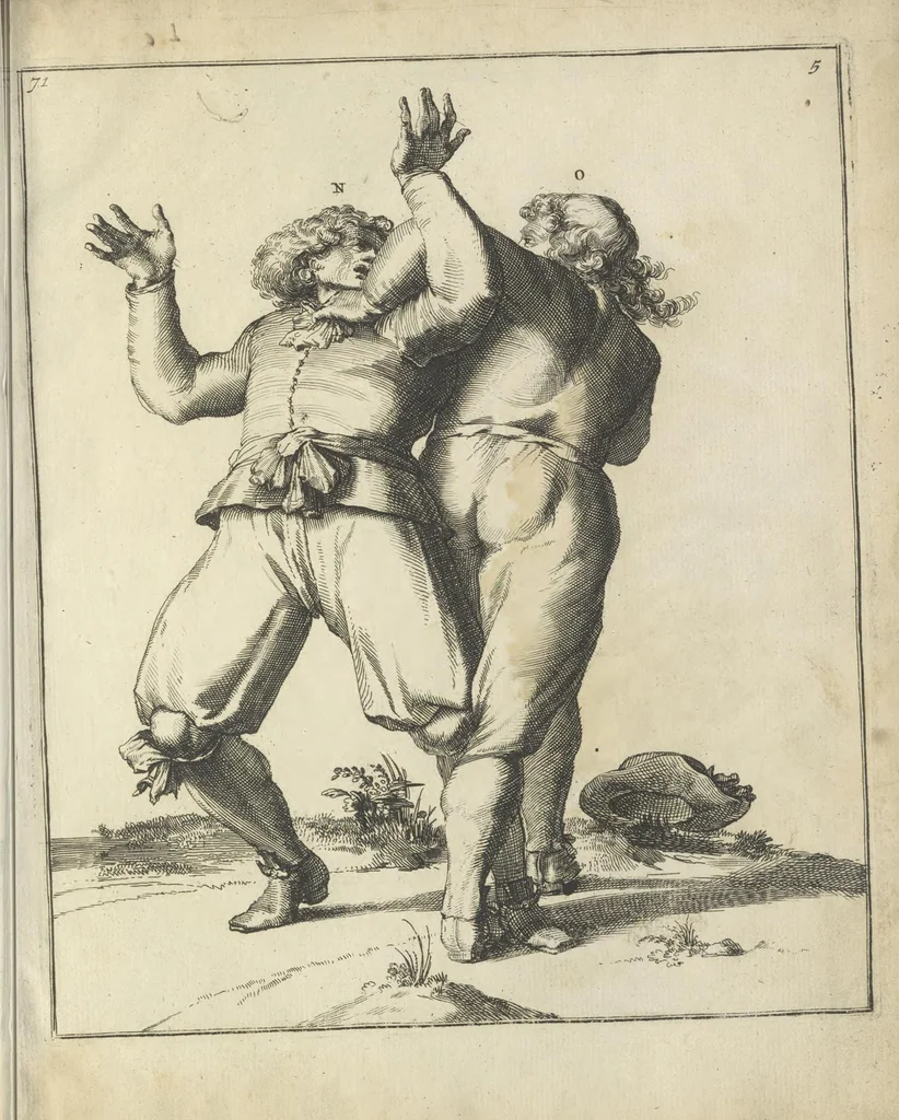 An illustration from Der Künstliche Ringer : oder dess Weyland Wolgeübeten und Berühmten Ring-Meisters Niclaus Petters Kurtze, jedoch Klare Unterweisung und Anleitung zu der Fürtrefflichen Ringe-Kunst: Daraus zulehrnen, evie man sich bey allerhand vorfallenden Schlägereyen fürsichtig beschützen, alle unredliche Anfälle ... abkehren, und seinem bosshafften Ansprenger Kunstgeschicklich begegnen könne, 1674, leaf 170