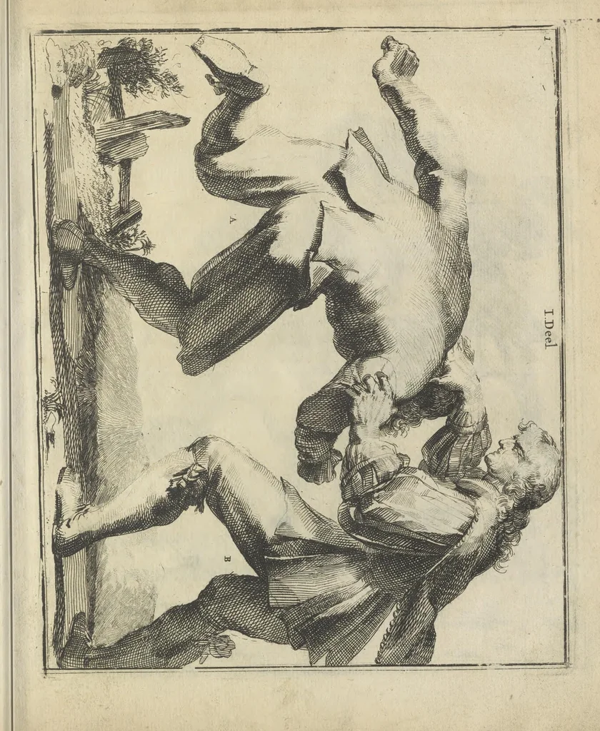 An illustration from Der Künstliche Ringer : oder dess Weyland Wolgeübeten und Berühmten Ring-Meisters Niclaus Petters Kurtze, jedoch Klare Unterweisung und Anleitung zu der Fürtrefflichen Ringe-Kunst: Daraus zulehrnen, evie man sich bey allerhand vorfallenden Schlägereyen fürsichtig beschützen, alle unredliche Anfälle ... abkehren, und seinem bosshafften Ansprenger Kunstgeschicklich begegnen könne, 1674, leaf 30