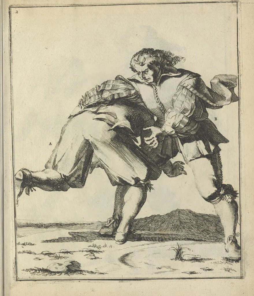 An illustration from Der Künstliche Ringer : oder dess Weyland Wolgeübeten und Berühmten Ring-Meisters Niclaus Petters Kurtze, jedoch Klare Unterweisung und Anleitung zu der Fürtrefflichen Ringe-Kunst: Daraus zulehrnen, evie man sich bey allerhand vorfallenden Schlägereyen fürsichtig beschützen, alle unredliche Anfälle ... abkehren, und seinem bosshafften Ansprenger Kunstgeschicklich begegnen könne, 1674, leaf 32