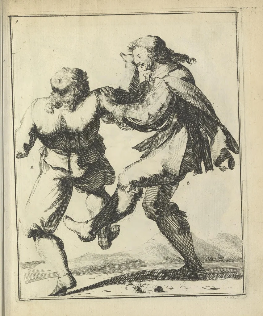 An illustration from Der Künstliche Ringer : oder dess Weyland Wolgeübeten und Berühmten Ring-Meisters Niclaus Petters Kurtze, jedoch Klare Unterweisung und Anleitung zu der Fürtrefflichen Ringe-Kunst: Daraus zulehrnen, evie man sich bey allerhand vorfallenden Schlägereyen fürsichtig beschützen, alle unredliche Anfälle ... abkehren, und seinem bosshafften Ansprenger Kunstgeschicklich begegnen könne, 1674, leaf 34
