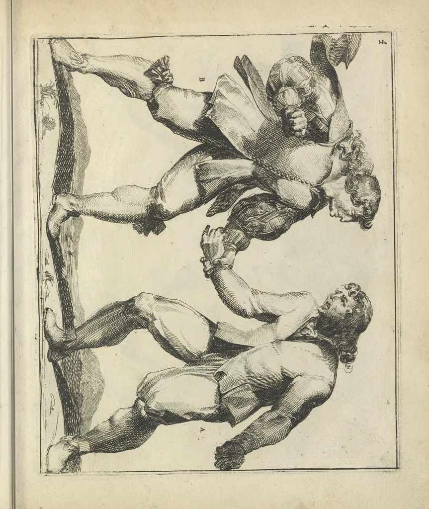 An illustration from Der Künstliche Ringer : oder dess Weyland Wolgeübeten und Berühmten Ring-Meisters Niclaus Petters Kurtze, jedoch Klare Unterweisung und Anleitung zu der Fürtrefflichen Ringe-Kunst: Daraus zulehrnen, evie man sich bey allerhand vorfallenden Schlägereyen fürsichtig beschützen, alle unredliche Anfälle ... abkehren, und seinem bosshafften Ansprenger Kunstgeschicklich begegnen könne, 1674, leaf 36