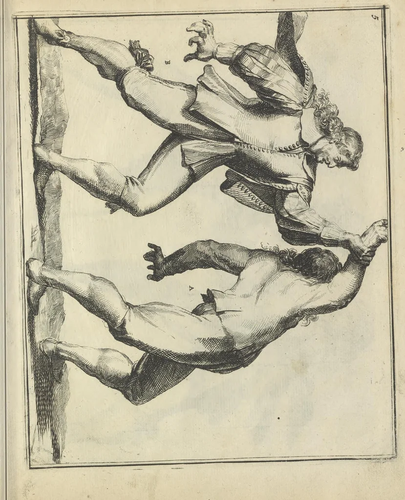 An illustration from Der Künstliche Ringer : oder dess Weyland Wolgeübeten und Berühmten Ring-Meisters Niclaus Petters Kurtze, jedoch Klare Unterweisung und Anleitung zu der Fürtrefflichen Ringe-Kunst: Daraus zulehrnen, evie man sich bey allerhand vorfallenden Schlägereyen fürsichtig beschützen, alle unredliche Anfälle ... abkehren, und seinem bosshafften Ansprenger Kunstgeschicklich begegnen könne, 1674, leaf 38