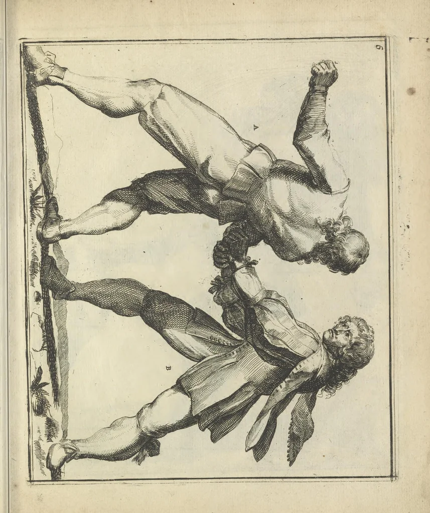 An illustration from Der Künstliche Ringer : oder dess Weyland Wolgeübeten und Berühmten Ring-Meisters Niclaus Petters Kurtze, jedoch Klare Unterweisung und Anleitung zu der Fürtrefflichen Ringe-Kunst: Daraus zulehrnen, evie man sich bey allerhand vorfallenden Schlägereyen fürsichtig beschützen, alle unredliche Anfälle ... abkehren, und seinem bosshafften Ansprenger Kunstgeschicklich begegnen könne, 1674, leaf 40