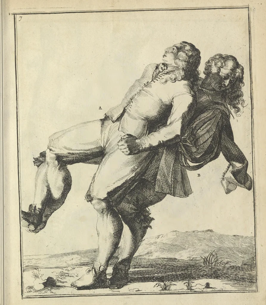 An illustration from Der Künstliche Ringer : oder dess Weyland Wolgeübeten und Berühmten Ring-Meisters Niclaus Petters Kurtze, jedoch Klare Unterweisung und Anleitung zu der Fürtrefflichen Ringe-Kunst: Daraus zulehrnen, evie man sich bey allerhand vorfallenden Schlägereyen fürsichtig beschützen, alle unredliche Anfälle ... abkehren, und seinem bosshafften Ansprenger Kunstgeschicklich begegnen könne, 1674, leaf 42