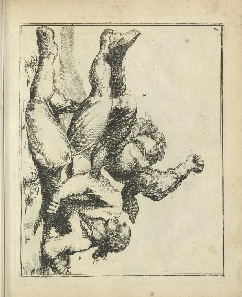 An illustration from Der Künstliche Ringer : oder dess Weyland Wolgeübeten und Berühmten Ring-Meisters Niclaus Petters Kurtze, jedoch Klare Unterweisung und Anleitung zu der Fürtrefflichen Ringe-Kunst: Daraus zulehrnen, evie man sich bey allerhand vorfallenden Schlägereyen fürsichtig beschützen, alle unredliche Anfälle ... abkehren, und seinem bosshafften Ansprenger Kunstgeschicklich begegnen könne, 1674, leaf 44