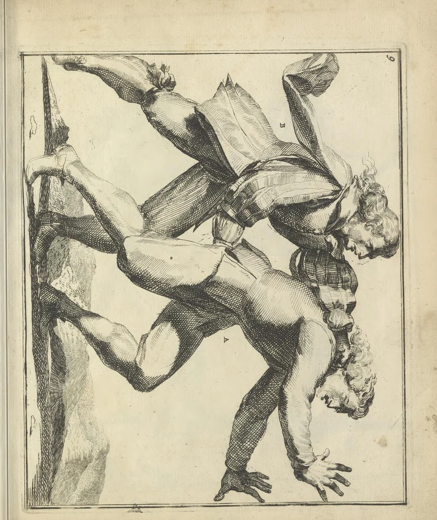 An illustration from Der Künstliche Ringer : oder dess Weyland Wolgeübeten und Berühmten Ring-Meisters Niclaus Petters Kurtze, jedoch Klare Unterweisung und Anleitung zu der Fürtrefflichen Ringe-Kunst: Daraus zulehrnen, evie man sich bey allerhand vorfallenden Schlägereyen fürsichtig beschützen, alle unredliche Anfälle ... abkehren, und seinem bosshafften Ansprenger Kunstgeschicklich begegnen könne, 1674, leaf 46