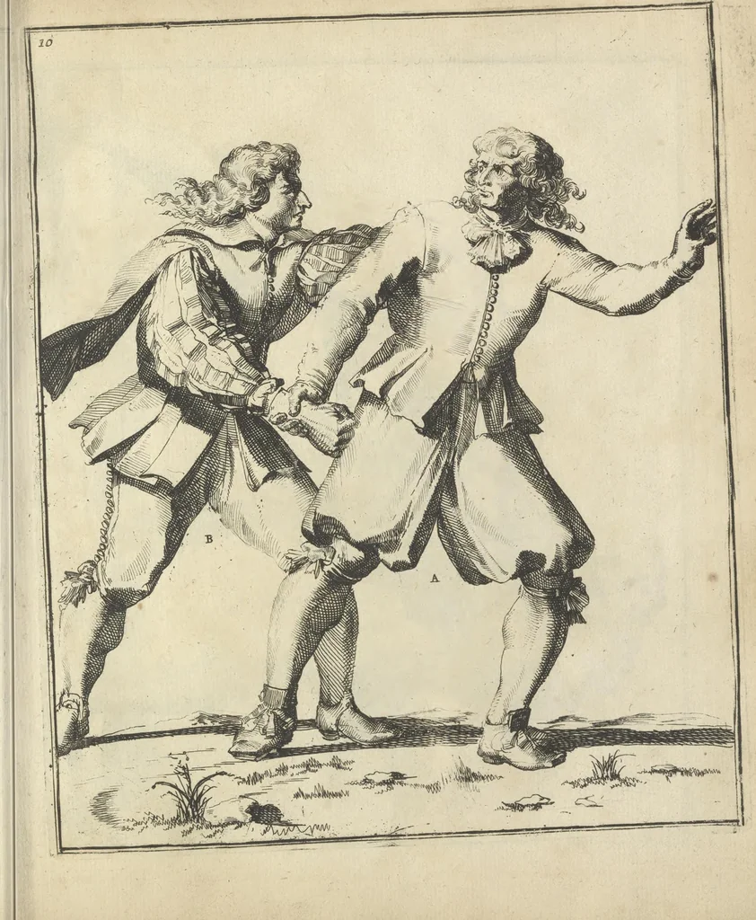 An illustration from Der Künstliche Ringer : oder dess Weyland Wolgeübeten und Berühmten Ring-Meisters Niclaus Petters Kurtze, jedoch Klare Unterweisung und Anleitung zu der Fürtrefflichen Ringe-Kunst: Daraus zulehrnen, evie man sich bey allerhand vorfallenden Schlägereyen fürsichtig beschützen, alle unredliche Anfälle ... abkehren, und seinem bosshafften Ansprenger Kunstgeschicklich begegnen könne, 1674, leaf 48