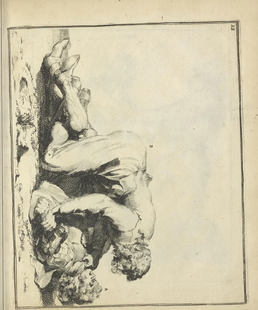 An illustration from Der Künstliche Ringer : oder dess Weyland Wolgeübeten und Berühmten Ring-Meisters Niclaus Petters Kurtze, jedoch Klare Unterweisung und Anleitung zu der Fürtrefflichen Ringe-Kunst: Daraus zulehrnen, evie man sich bey allerhand vorfallenden Schlägereyen fürsichtig beschützen, alle unredliche Anfälle ... abkehren, und seinem bosshafften Ansprenger Kunstgeschicklich begegnen könne, 1674, leaf 52