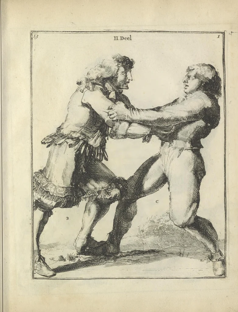 An illustration from Der Künstliche Ringer : oder dess Weyland Wolgeübeten und Berühmten Ring-Meisters Niclaus Petters Kurtze, jedoch Klare Unterweisung und Anleitung zu der Fürtrefflichen Ringe-Kunst: Daraus zulehrnen, evie man sich bey allerhand vorfallenden Schlägereyen fürsichtig beschützen, alle unredliche Anfälle ... abkehren, und seinem bosshafften Ansprenger Kunstgeschicklich begegnen könne, 1674, leaf 54