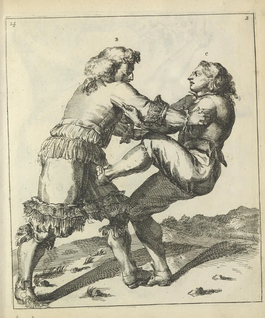 An illustration from Der Künstliche Ringer : oder dess Weyland Wolgeübeten und Berühmten Ring-Meisters Niclaus Petters Kurtze, jedoch Klare Unterweisung und Anleitung zu der Fürtrefflichen Ringe-Kunst: Daraus zulehrnen, evie man sich bey allerhand vorfallenden Schlägereyen fürsichtig beschützen, alle unredliche Anfälle ... abkehren, und seinem bosshafften Ansprenger Kunstgeschicklich begegnen könne, 1674, leaf 56
