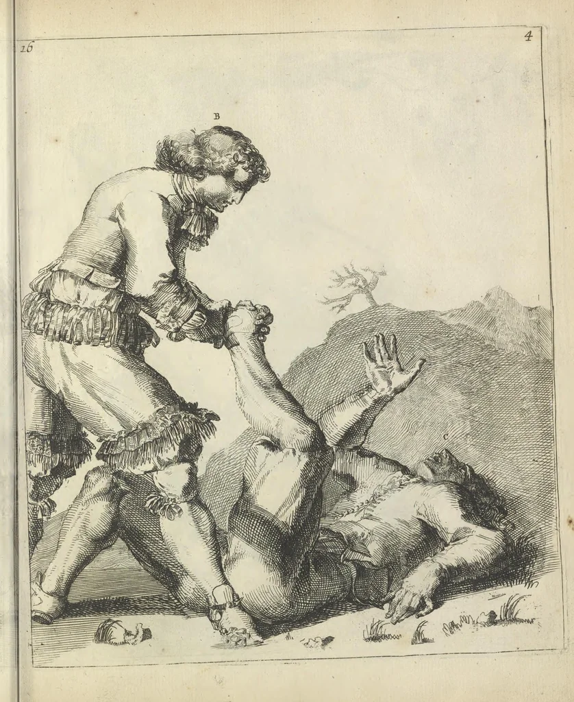 An illustration from Der Künstliche Ringer : oder dess Weyland Wolgeübeten und Berühmten Ring-Meisters Niclaus Petters Kurtze, jedoch Klare Unterweisung und Anleitung zu der Fürtrefflichen Ringe-Kunst: Daraus zulehrnen, evie man sich bey allerhand vorfallenden Schlägereyen fürsichtig beschützen, alle unredliche Anfälle ... abkehren, und seinem bosshafften Ansprenger Kunstgeschicklich begegnen könne, 1674, leaf 60
