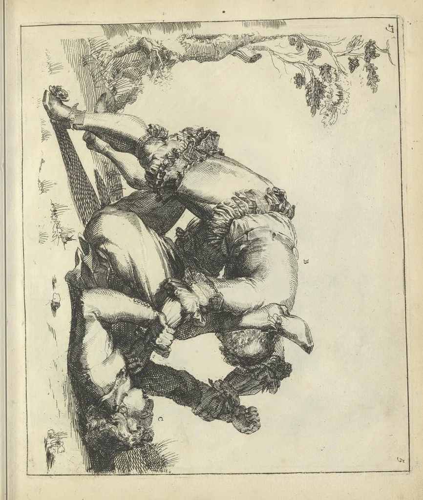 An illustration from Der Künstliche Ringer : oder dess Weyland Wolgeübeten und Berühmten Ring-Meisters Niclaus Petters Kurtze, jedoch Klare Unterweisung und Anleitung zu der Fürtrefflichen Ringe-Kunst: Daraus zulehrnen, evie man sich bey allerhand vorfallenden Schlägereyen fürsichtig beschützen, alle unredliche Anfälle ... abkehren, und seinem bosshafften Ansprenger Kunstgeschicklich begegnen könne, 1674, leaf 62