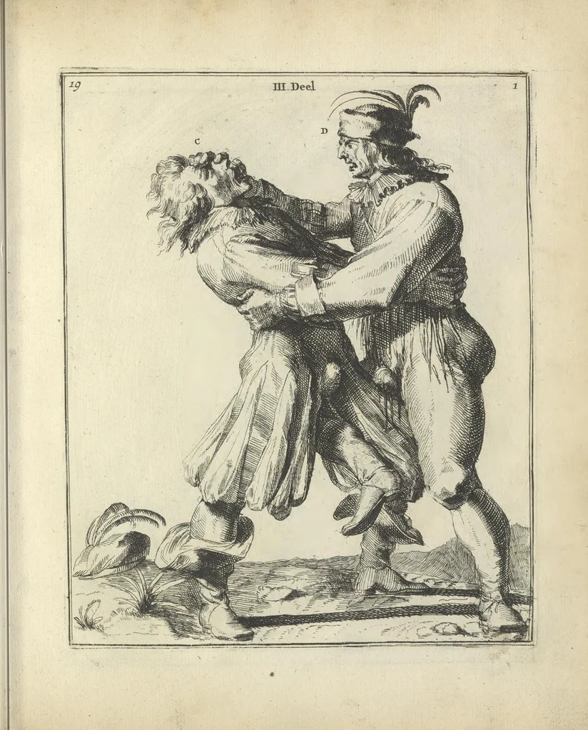 An illustration from Der Künstliche Ringer : oder dess Weyland Wolgeübeten und Berühmten Ring-Meisters Niclaus Petters Kurtze, jedoch Klare Unterweisung und Anleitung zu der Fürtrefflichen Ringe-Kunst: Daraus zulehrnen, evie man sich bey allerhand vorfallenden Schlägereyen fürsichtig beschützen, alle unredliche Anfälle ... abkehren, und seinem bosshafften Ansprenger Kunstgeschicklich begegnen könne, 1674, leaf 66