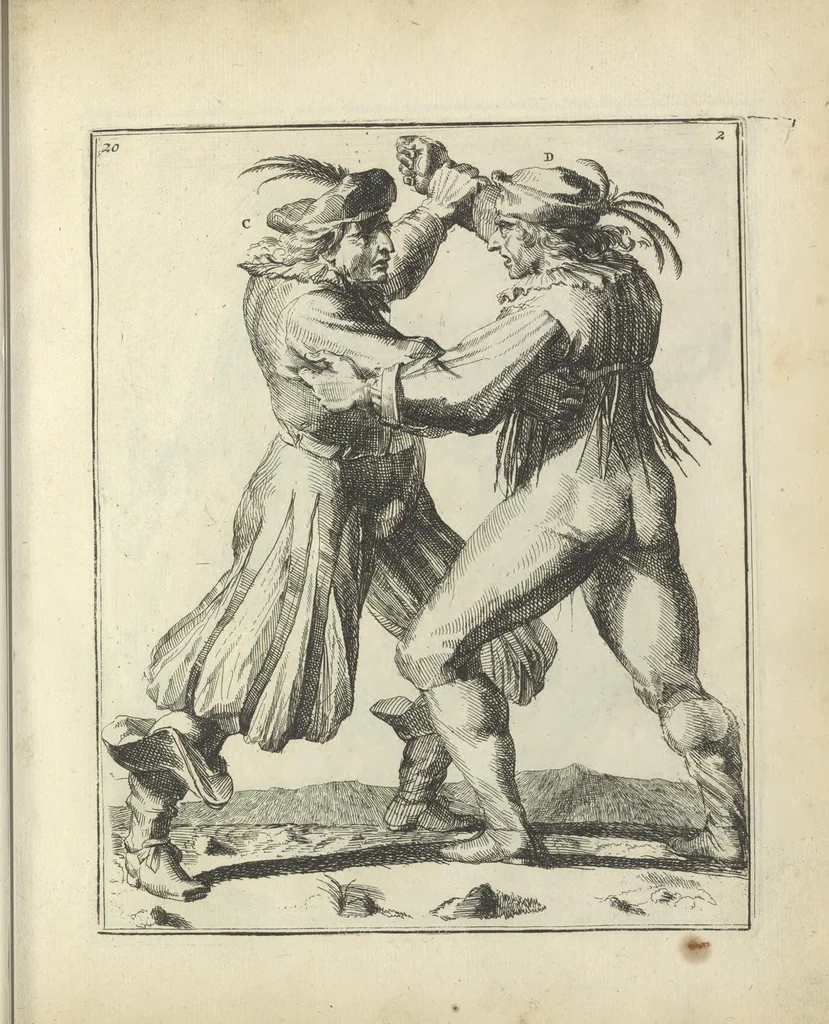 An illustration from Der Künstliche Ringer : oder dess Weyland Wolgeübeten und Berühmten Ring-Meisters Niclaus Petters Kurtze, jedoch Klare Unterweisung und Anleitung zu der Fürtrefflichen Ringe-Kunst: Daraus zulehrnen, evie man sich bey allerhand vorfallenden Schlägereyen fürsichtig beschützen, alle unredliche Anfälle ... abkehren, und seinem bosshafften Ansprenger Kunstgeschicklich begegnen könne, 1674, leaf 68